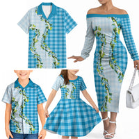 Blue Hawaii Palaka Family Matching Off The Shoulder Long Sleeve Dress and Hawaiian Shirt Maile Pikake Honohono Orchid Lei LT05 - Polynesian Pride