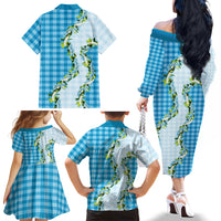 Blue Hawaii Palaka Family Matching Off The Shoulder Long Sleeve Dress and Hawaiian Shirt Maile Pikake Honohono Orchid Lei LT05 Mom's Dress Blue - Polynesian Pride