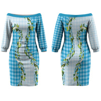 Blue Hawaii Palaka Family Matching Off The Shoulder Long Sleeve Dress and Hawaiian Shirt Maile Pikake Honohono Orchid Lei LT05 Mom's Dress Blue - Polynesian Pride