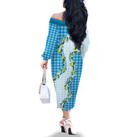 Blue Hawaii Palaka Family Matching Off The Shoulder Long Sleeve Dress and Hawaiian Shirt Maile Pikake Honohono Orchid Lei