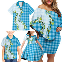 Blue Hawaii Palaka Family Matching Off Shoulder Short Dress and Hawaiian Shirt Maile Pikake Honohono Orchid Lei LT05 - Polynesian Pride