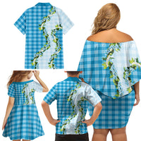 Blue Hawaii Palaka Family Matching Off Shoulder Short Dress and Hawaiian Shirt Maile Pikake Honohono Orchid Lei LT05 Mom's Dress Blue - Polynesian Pride