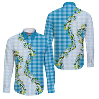 Blue Hawaii Palaka Family Matching Off Shoulder Short Dress and Hawaiian Shirt Maile Pikake Honohono Orchid Lei LT05 Dad's Shirt - Long Sleeve Blue - Polynesian Pride