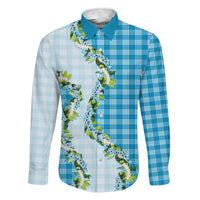 Blue Hawaii Palaka Family Matching Off Shoulder Short Dress and Hawaiian Shirt Maile Pikake Honohono Orchid Lei LT05 Daughter's Dress Blue - Polynesian Pride