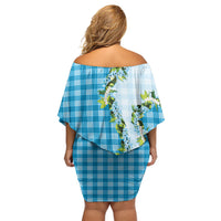Blue Hawaii Palaka Family Matching Off Shoulder Short Dress and Hawaiian Shirt Maile Pikake Honohono Orchid Lei