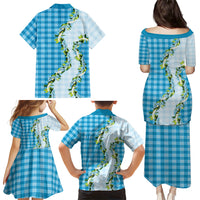 Blue Hawaii Palaka Family Matching Puletasi and Hawaiian Shirt Maile Pikake Honohono Orchid Lei