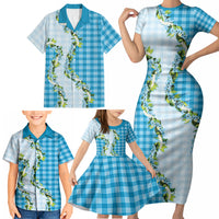 Blue Hawaii Palaka Family Matching Short Sleeve Bodycon Dress and Hawaiian Shirt Maile Pikake Honohono Orchid Lei LT05 - Polynesian Pride