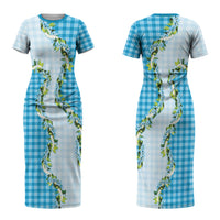 Blue Hawaii Palaka Family Matching Short Sleeve Bodycon Dress and Hawaiian Shirt Maile Pikake Honohono Orchid Lei LT05 Mom's Dress Blue - Polynesian Pride