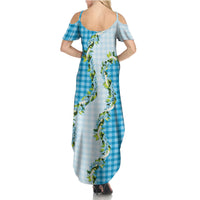 Blue Hawaii Palaka Family Matching Summer Maxi Dress and Hawaiian Shirt Maile Pikake Honohono Orchid Lei
