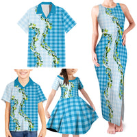 Blue Hawaii Palaka Family Matching Tank Maxi Dress and Hawaiian Shirt Maile Pikake Honohono Orchid Lei LT05 - Polynesian Pride