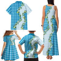 Blue Hawaii Palaka Family Matching Tank Maxi Dress and Hawaiian Shirt Maile Pikake Honohono Orchid Lei LT05 Mom's Dress Blue - Polynesian Pride