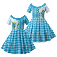 Blue Hawaii Palaka Family Matching Tank Maxi Dress and Hawaiian Shirt Maile Pikake Honohono Orchid Lei LT05 Daughter's Dress Blue - Polynesian Pride