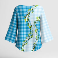 Blue Hawaii Palaka Kimono Sleeve Blouse Maile Pikake Honohono Orchid Lei LT05 - Polynesian Pride