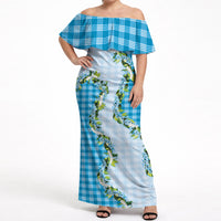Blue Hawaii Palaka Off Shoulder Maxi Dress Maile Pikake Honohono Orchid Lei LT05 Women Blue - Polynesian Pride
