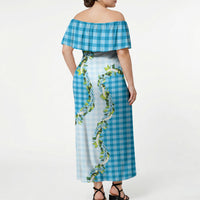 Blue Hawaii Palaka Off Shoulder Maxi Dress Maile Pikake Honohono Orchid Lei LT05 - Polynesian Pride