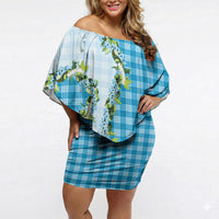 Blue Hawaii Palaka Off Shoulder Short Dress Maile Pikake Honohono Orchid Lei LT05 Women Blue - Polynesian Pride