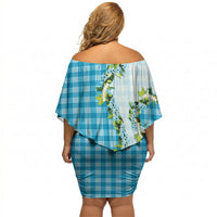 Blue Hawaii Palaka Off Shoulder Short Dress Maile Pikake Honohono Orchid Lei LT05 - Polynesian Pride