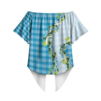 Blue Hawaii Palaka Off Shoulder Wrap Waist Top Maile Pikake Honohono Orchid Lei LT05 - Polynesian Pride