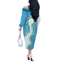 Blue Hawaii Palaka Off The Shoulder Long Sleeve Dress Maile Pikake Honohono Orchid Lei
