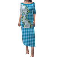 Blue Hawaii Palaka Puletasi Maile Pikake Honohono Orchid Lei LT05 Long Dress Blue - Polynesian Pride