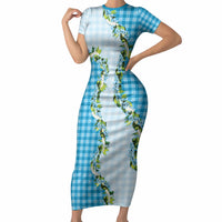 Blue Hawaii Palaka Short Sleeve Bodycon Dress Maile Pikake Honohono Orchid Lei LT05 Long Dress Blue - Polynesian Pride