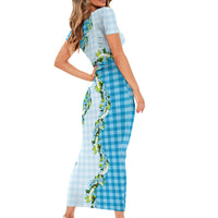 Blue Hawaii Palaka Short Sleeve Bodycon Dress Maile Pikake Honohono Orchid Lei LT05 - Polynesian Pride