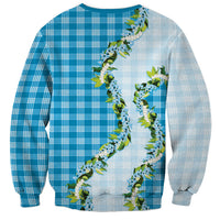 Blue Hawaii Palaka Sweatshirt Maile Pikake Honohono Orchid Lei