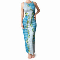 Blue Hawaii Palaka Tank Maxi Dress Maile Pikake Honohono Orchid Lei LT05 Women Blue - Polynesian Pride