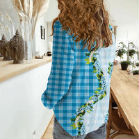 Blue Hawaii Palaka Women Casual Shirt Maile Pikake Honohono Orchid Lei