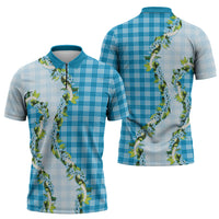 Blue Hawaii Palaka Zipper Polo Shirt Maile Pikake Honohono Orchid Lei LT05 - Polynesian Pride