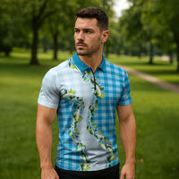 Blue Hawaii Palaka Zipper Polo Shirt Maile Pikake Honohono Orchid Lei LT05 - Polynesian Pride