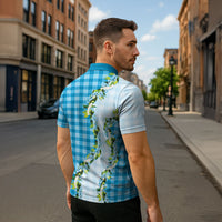 Blue Hawaii Palaka Zipper Polo Shirt Maile Pikake Honohono Orchid Lei