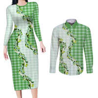 Green Hawaii Palaka Couples Matching Long Sleeve Bodycon Dress and Long Sleeve Button Shirt Maile Pikake Honohono Orchid Lei