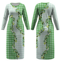 Green Hawaii Palaka Couples Matching Long Sleeve Bodycon Dress and Long Sleeve Button Shirt Maile Pikake Honohono Orchid Lei LT05