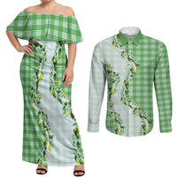 Green Hawaii Palaka Couples Matching Off Shoulder Maxi Dress and Long Sleeve Button Shirt Maile Pikake Honohono Orchid Lei LT05 Green - Polynesian Pride