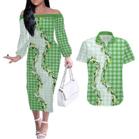 Green Hawaii Palaka Couples Matching Off The Shoulder Long Sleeve Dress and Hawaiian Shirt Maile Pikake Honohono Orchid Lei
