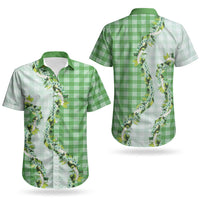 Green Hawaii Palaka Couples Matching Off The Shoulder Long Sleeve Dress and Hawaiian Shirt Maile Pikake Honohono Orchid Lei LT05 - Polynesian Pride