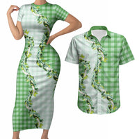 Green Hawaii Palaka Couples Matching Short Sleeve Bodycon Dress and Hawaiian Shirt Maile Pikake Honohono Orchid Lei LT05 Green - Polynesian Pride