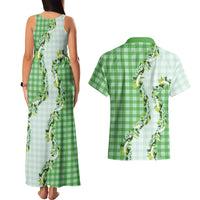 Green Hawaii Palaka Couples Matching Tank Maxi Dress and Hawaiian Shirt Maile Pikake Honohono Orchid Lei