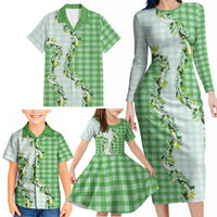 Green Hawaii Palaka Family Matching Long Sleeve Bodycon Dress and Hawaiian Shirt Maile Pikake Honohono Orchid Lei LT05 - Polynesian Pride