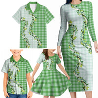 Green Hawaii Palaka Family Matching Long Sleeve Bodycon Dress and Hawaiian Shirt Maile Pikake Honohono Orchid Lei LT05 - Polynesian Pride