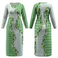 Green Hawaii Palaka Family Matching Long Sleeve Bodycon Dress and Hawaiian Shirt Maile Pikake Honohono Orchid Lei LT05 Mom's Dress Green - Polynesian Pride