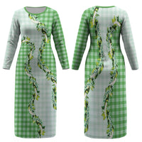 Green Hawaii Palaka Family Matching Long Sleeve Bodycon Dress and Hawaiian Shirt Maile Pikake Honohono Orchid Lei LT05 Mom's Dress Green - Polynesian Pride