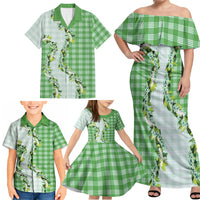 Green Hawaii Palaka Family Matching Off Shoulder Maxi Dress and Hawaiian Shirt Maile Pikake Honohono Orchid Lei LT05 - Polynesian Pride