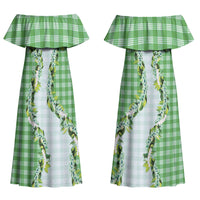 Green Hawaii Palaka Family Matching Off Shoulder Maxi Dress and Hawaiian Shirt Maile Pikake Honohono Orchid Lei LT05 Mom's Dress Green - Polynesian Pride