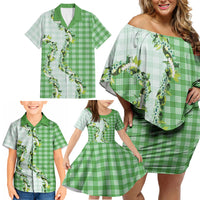 Green Hawaii Palaka Family Matching Off Shoulder Short Dress and Hawaiian Shirt Maile Pikake Honohono Orchid Lei LT05 - Polynesian Pride