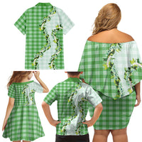 Green Hawaii Palaka Family Matching Off Shoulder Short Dress and Hawaiian Shirt Maile Pikake Honohono Orchid Lei LT05 Mom's Dress Green - Polynesian Pride