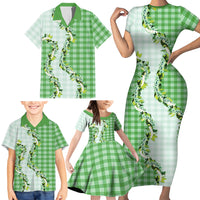 Green Hawaii Palaka Family Matching Short Sleeve Bodycon Dress and Hawaiian Shirt Maile Pikake Honohono Orchid Lei