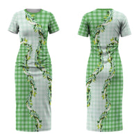 Green Hawaii Palaka Family Matching Short Sleeve Bodycon Dress and Hawaiian Shirt Maile Pikake Honohono Orchid Lei LT05 Mom's Dress Green - Polynesian Pride