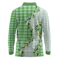 Green Hawaii Palaka Long Sleeve Polo Shirt Maile Pikake Honohono Orchid Lei